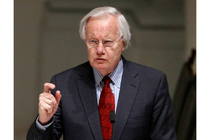 FILE - Bill Moyers speaks during the wake for R. Sargent Shriver in Washington on Jan. 21, 2011 ...
