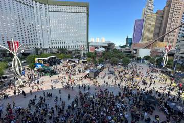 Park MGM overlooks Toshiba Plaza in front of T-Mobile Arena on June 3, 2023. (Mick Akers/Las Ve ...