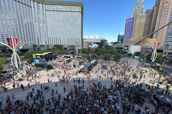 Park MGM overlooks Toshiba Plaza in front of T-Mobile Arena on June 3, 2023. (Mick Akers/Las Ve ...