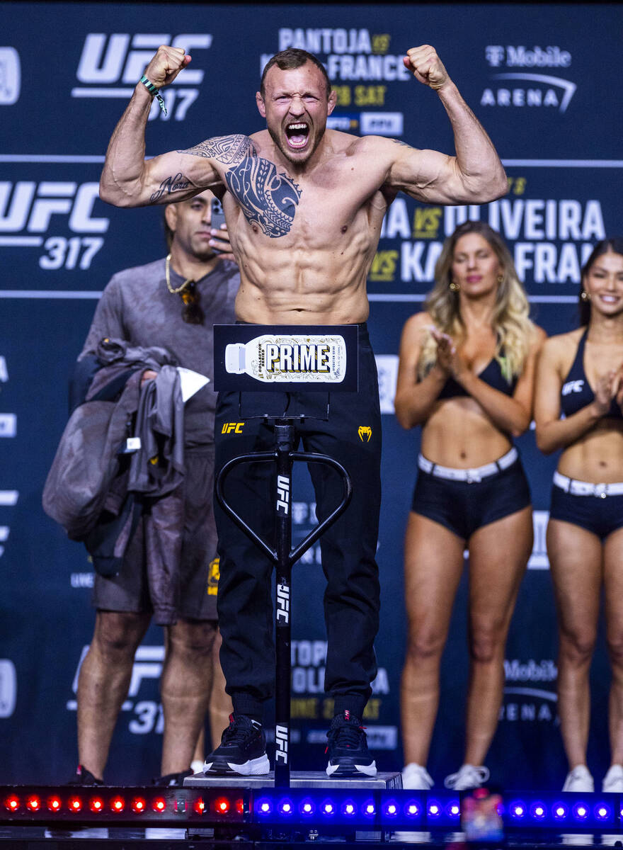 Fighter Jack Hermansson poses during weigh-ins for UFC 317 at T-Mobile Arena on Friday, June 27 ...