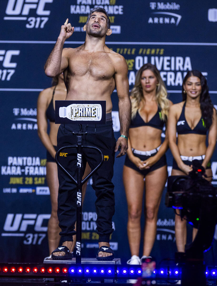 Fighter Beneil Dariush poses during weigh-ins for UFC 317 at T-Mobile Arena on Friday, June 27, ...