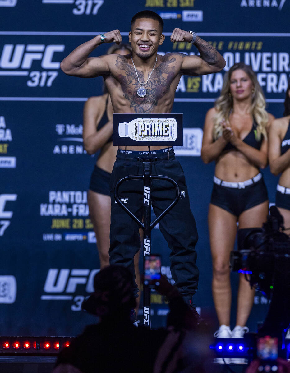 Fighter Joshua Van poses during weigh-ins for UFC 317 at T-Mobile Arena on Friday, June 27, 202 ...
