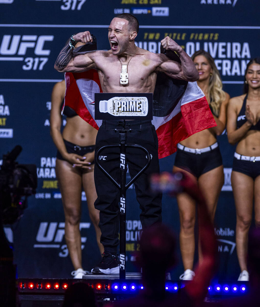 Fighter Kai Kara-France poses during weigh-ins for UFC 317 at T-Mobile Arena on Friday, June 27 ...