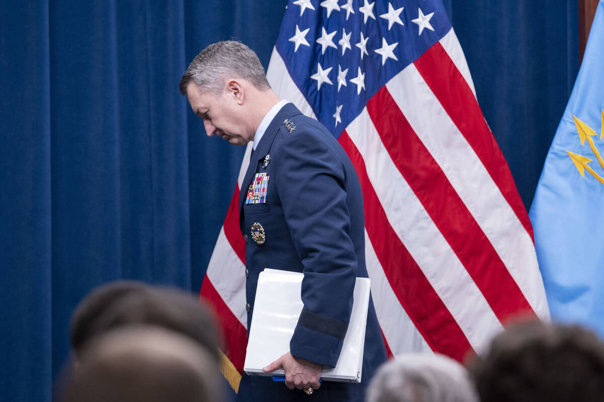 Joint Chiefs Chairman Gen. Dan Caine steps away from the podium following a news conference at ...