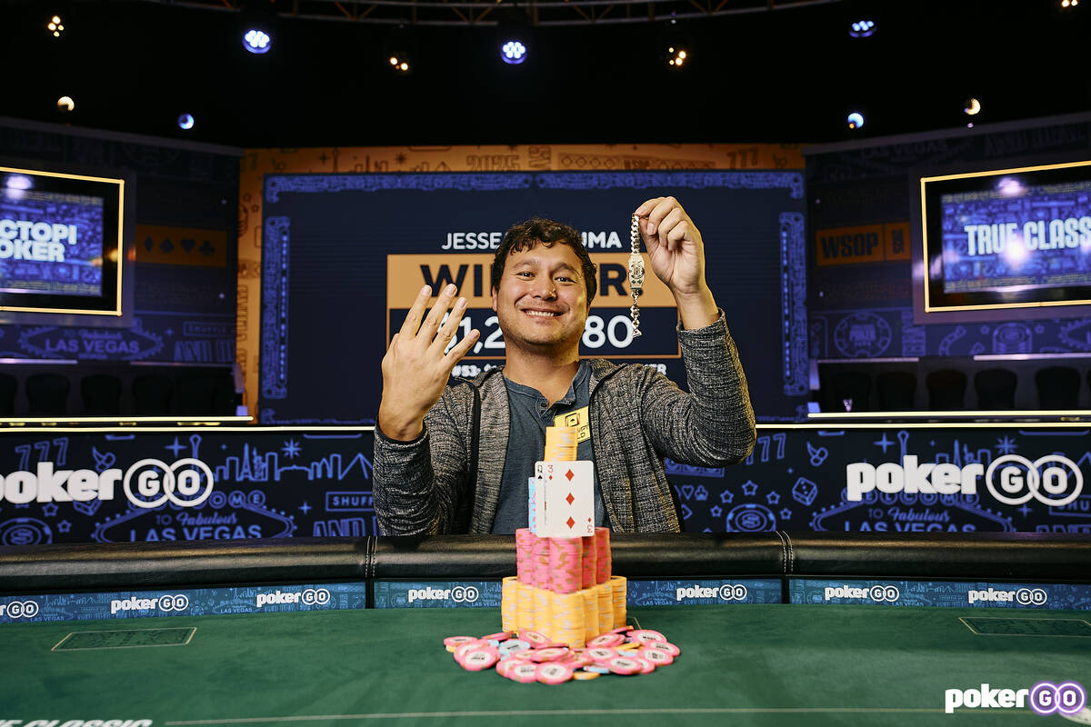 Jesse Yaginuma shows that he has won four World Series of Poker bracelets after prevailing in t ...