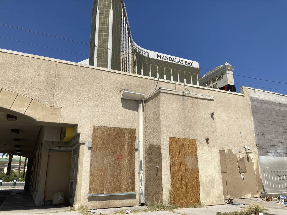 The boarded-up Laughing Jackalope tavern on the Las Vegas Strip is seen on Thursday, June 26, 2 ...