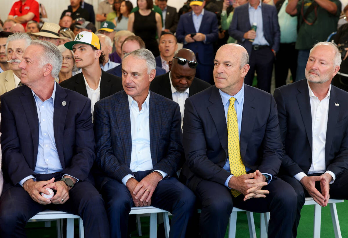 Nevada Gov. Joe Lombardo, from left, Major League Baseball Commissioner Manfred, A’s own ...