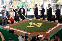 Dignitaries, from left, Nevada Assembly Speaker Steve Yeager, Rep. Dina Titus, A’s Presi ...