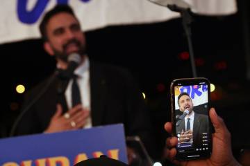 Democratic mayoral candidate Zohran Mamdani is recorded by supporters while he speaks at his pr ...
