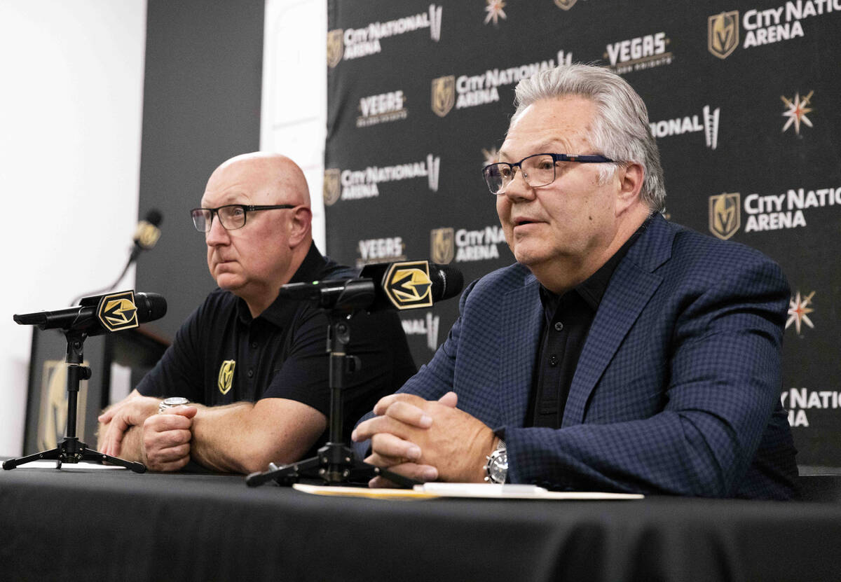 Vegas Golden Knights Assistant Director of Player Personnel Bob Lowes, left, and General Manage ...