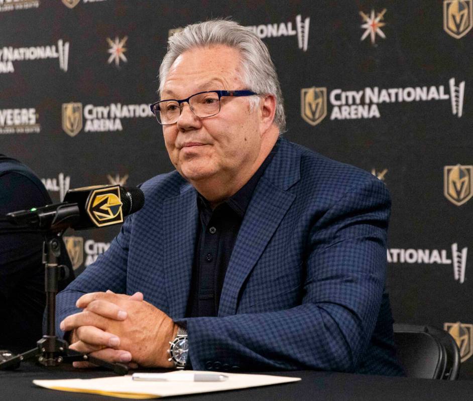 Vegas Golden Knights General Manager Kelly McCrimmon takes questions at City National Arena dur ...