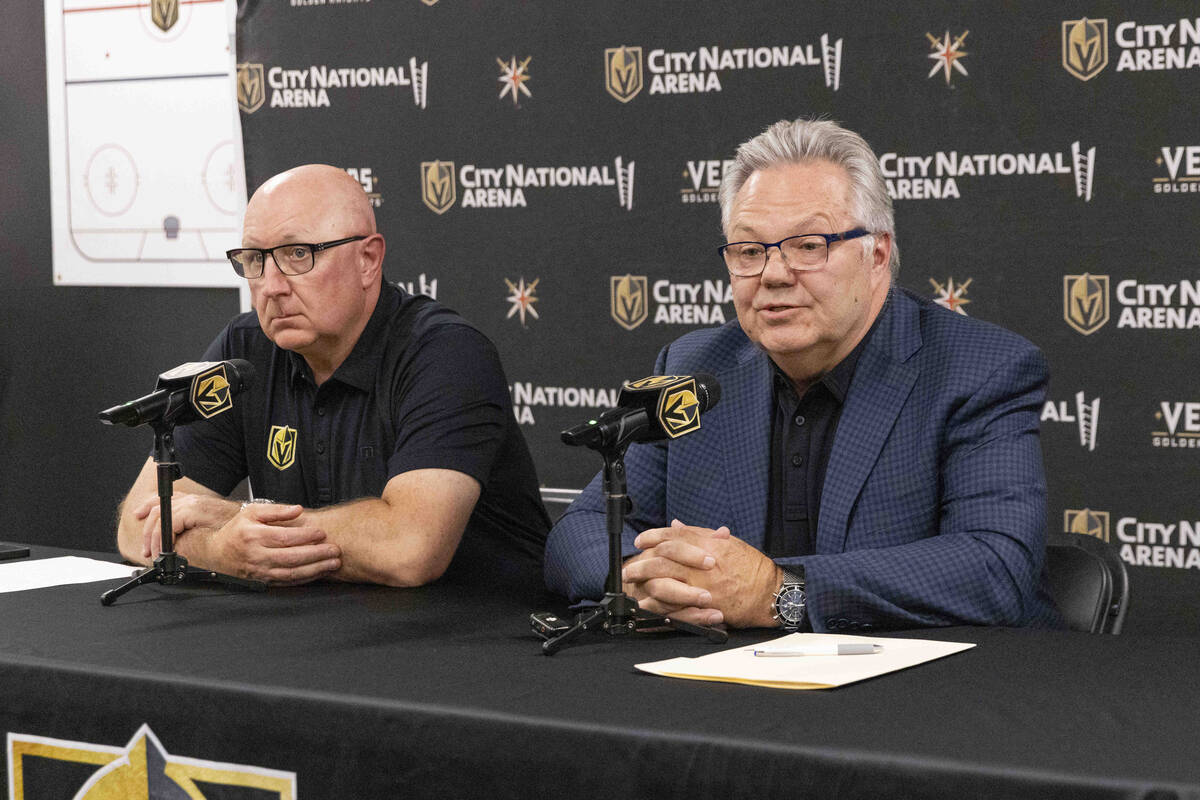 Vegas Golden Knights Assistant Director of Player Personnel Bob Lowes, left, and General Manage ...