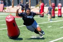 Raiders defensive end Jonah Laulu runs through a drill during Sack Summit 2025 at the UNLV Fert ...