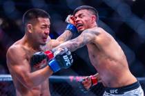 Joshua Van and Brandon Royval exchange punches during their flyweight fight in UFC 317 at T-Mob ...