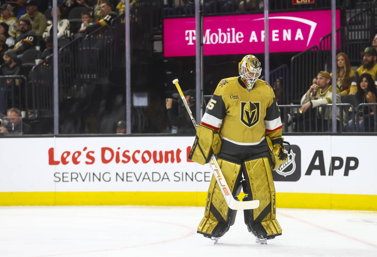 Golden Knights goaltender Ilya Samsonov (35) looks on after giving up a goal to the Chicago Bla ...