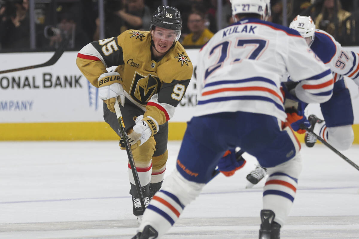 Golden Knights right wing Victor Olofsson (95) skates with the puck during the first period of ...