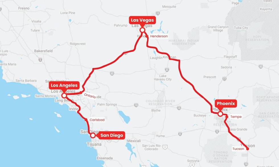This map shows GOGO Charters' planned daily service for several cities in the Southwest, includ ...