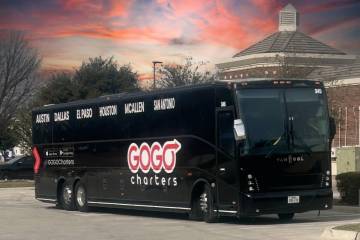 In this undated photo, a GOGO Charters bus is parked at a stop on its Texas route, the company' ...