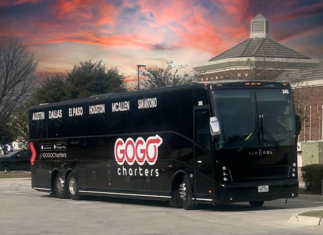In this undated photo, a GOGO Charters bus is parked at a stop on its Texas route, the company' ...