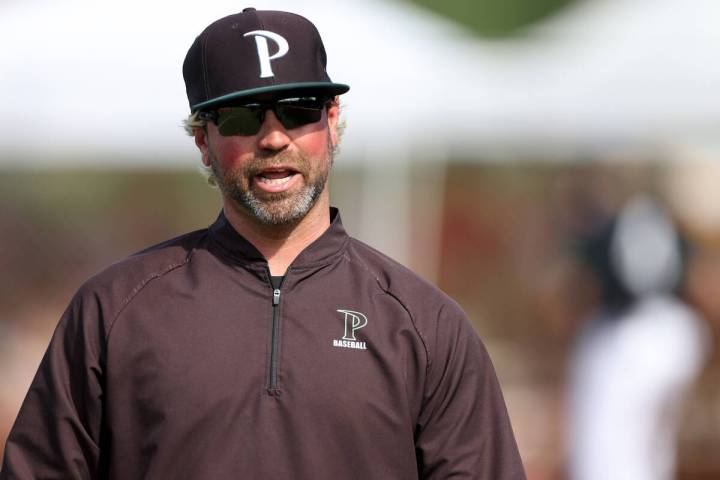 Palo Verde head coach Dustin Romero talks to the bench during a Class 5A baseball state tournam ...