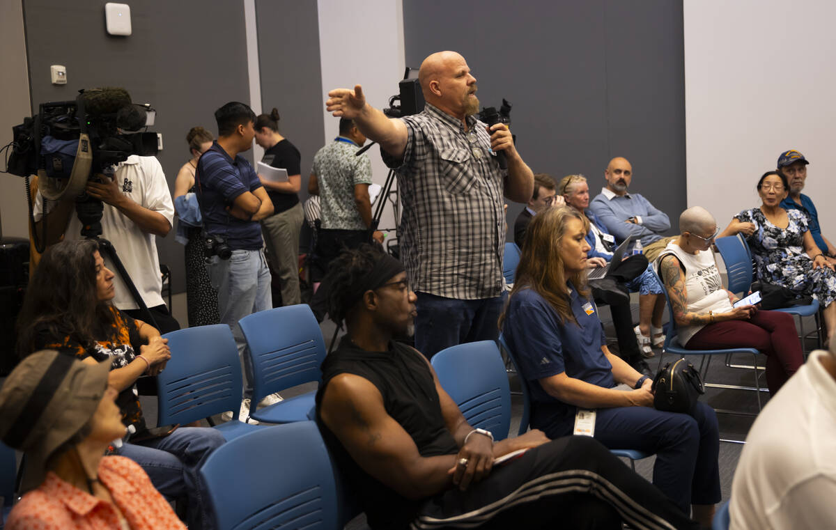 Kevin Child speaks during a community town hall at the Clark County Library hosted by Clark Cou ...