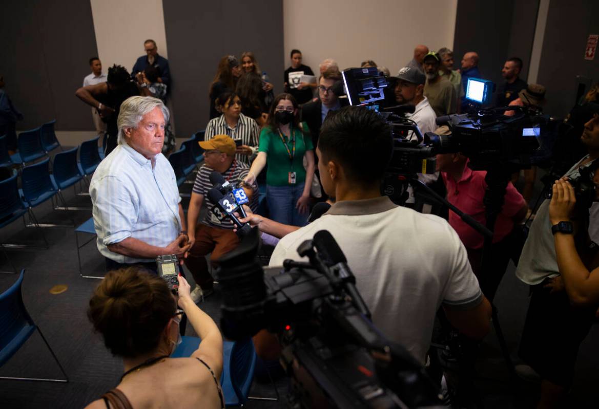 Clark County Commissioner Tick Segerblom speaks with members of the media at the conclusion of ...