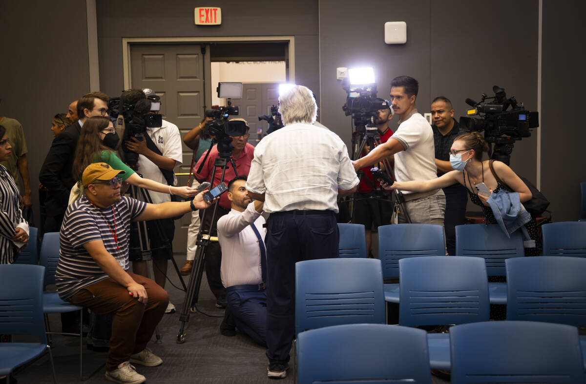 Clark County Commissioner Tick Segerblom speaks with members of the media at the conclusion of ...