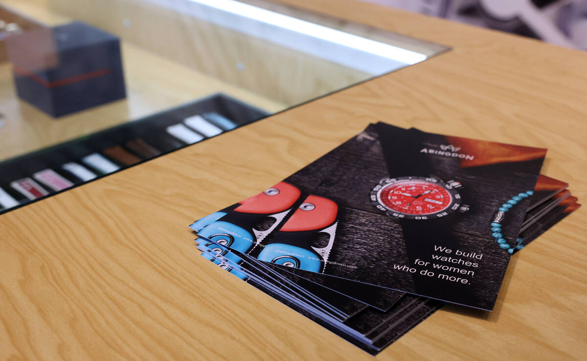 Brochures are seen at new Abingdon Co. showroom in Las Vegas Monday, June 30, 2025. The Las Veg ...
