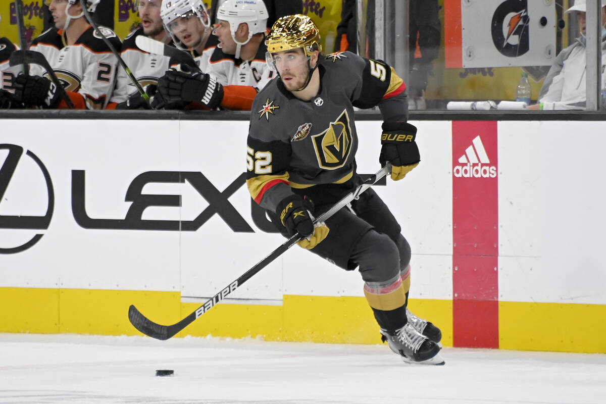 Vegas Golden Knights defenseman Dylan Coghlan (52) skates wit the puck against the Anaheim Duck ...