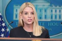 Attorney General Pam Bondi speaks to the media, Friday, June 27, 2025, in the briefing room of ...