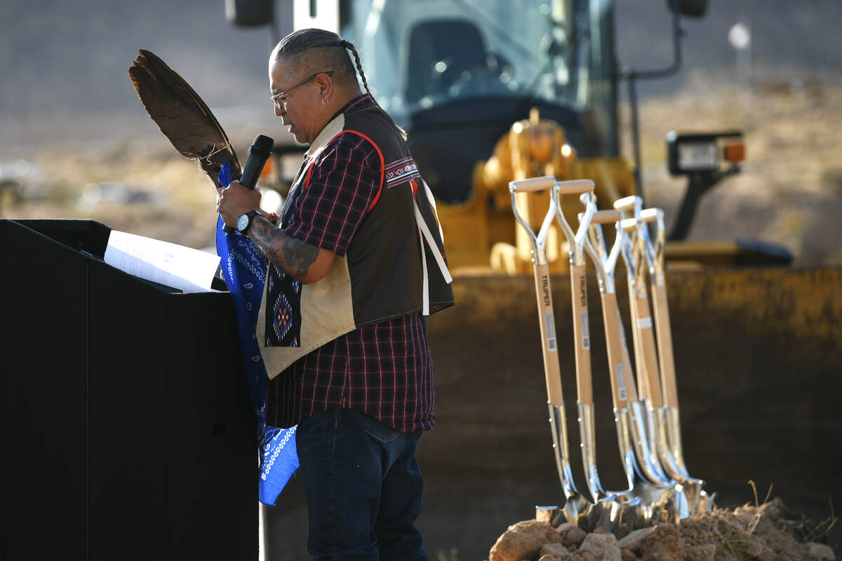 Vice Chairman of the Las Vegas Paiute Tribe Chris Spotted Eagle confers a blessing during a cer ...