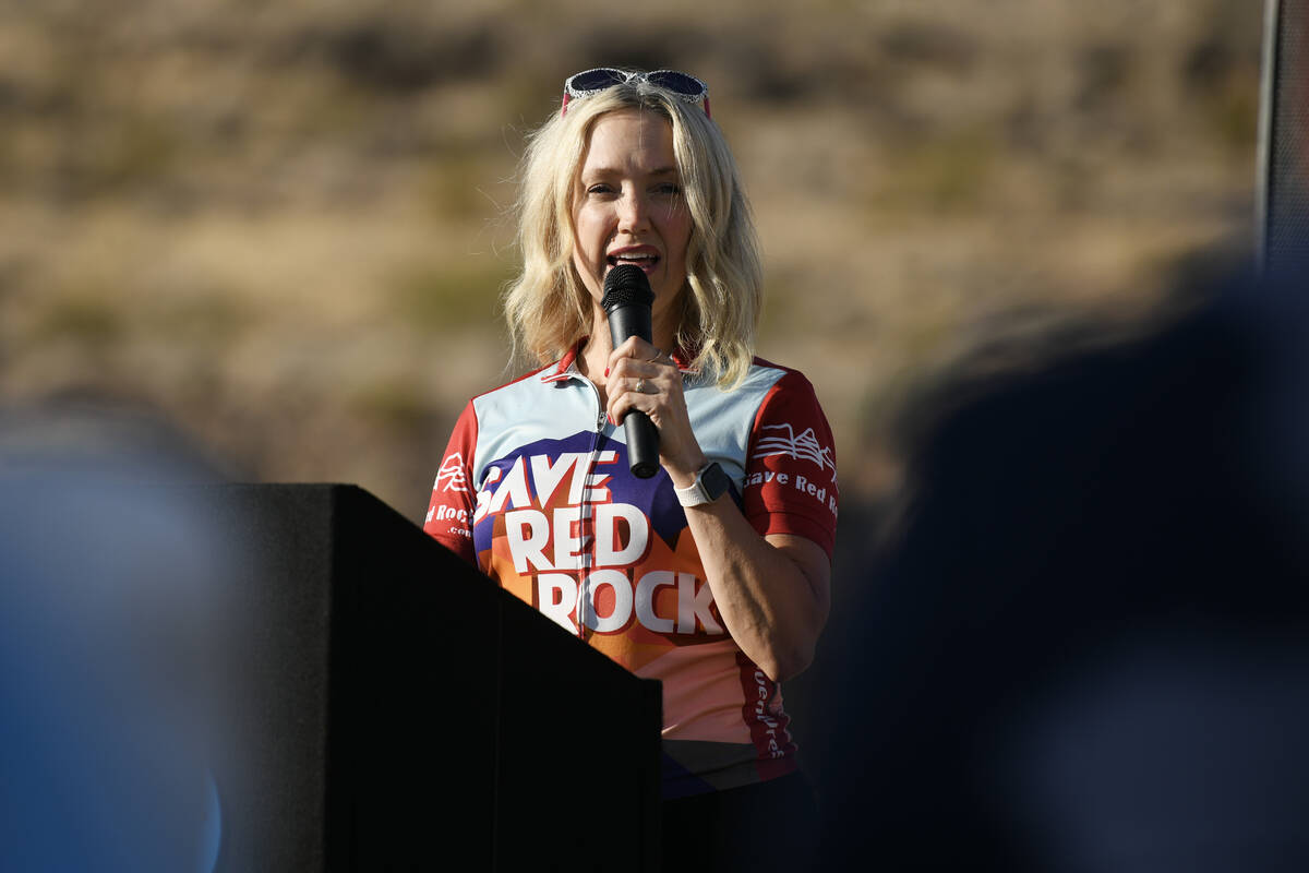 Heather Fisher from the organization Save Red Rock speaks during a ceremonial groundbreaking to ...