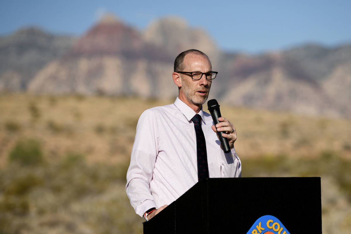Clark County Commissioner Justin Jones speaks during a ceremonial groundbreaking to mark the st ...