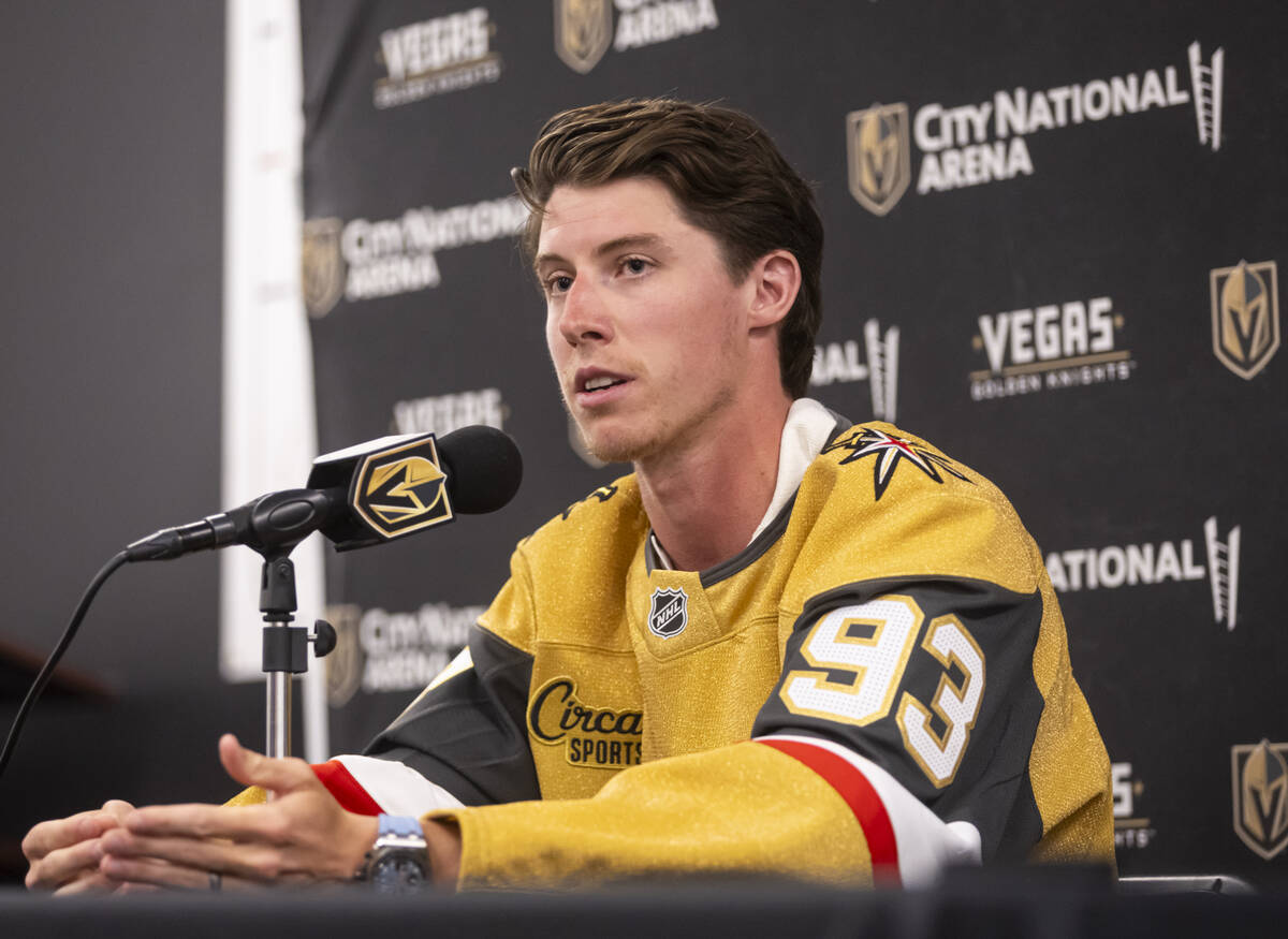 Newly acquired Golden Knights forward Mitch Marner speaks with the media at City National Arena ...