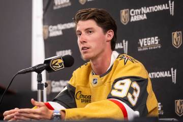Newly acquired Golden Knights forward Mitch Marner speaks with the media at City National Arena ...