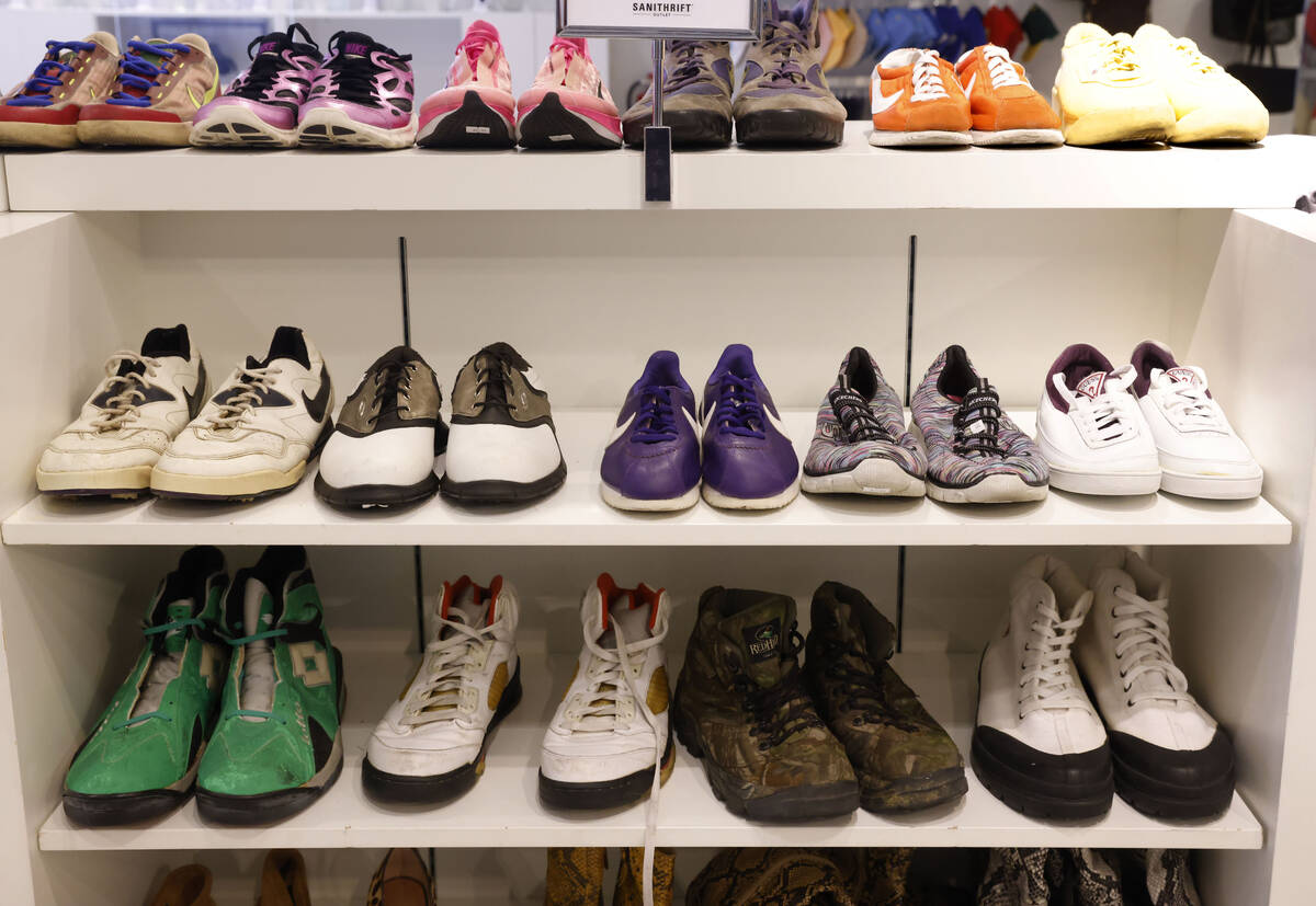Pre-owned shoes are displayed at Sanithrift at the Primm mall are seen on Monday, June 16, 2025 ...