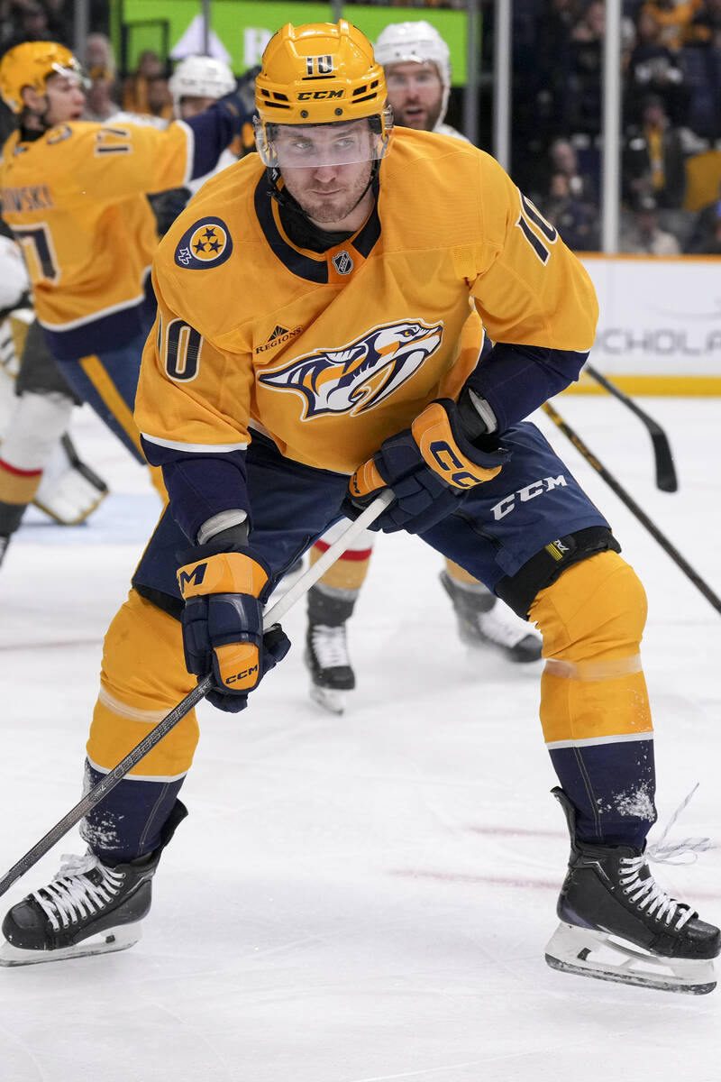 Nashville Predators center Colton Sissons (10) plays during the second period of an NHL hockey ...
