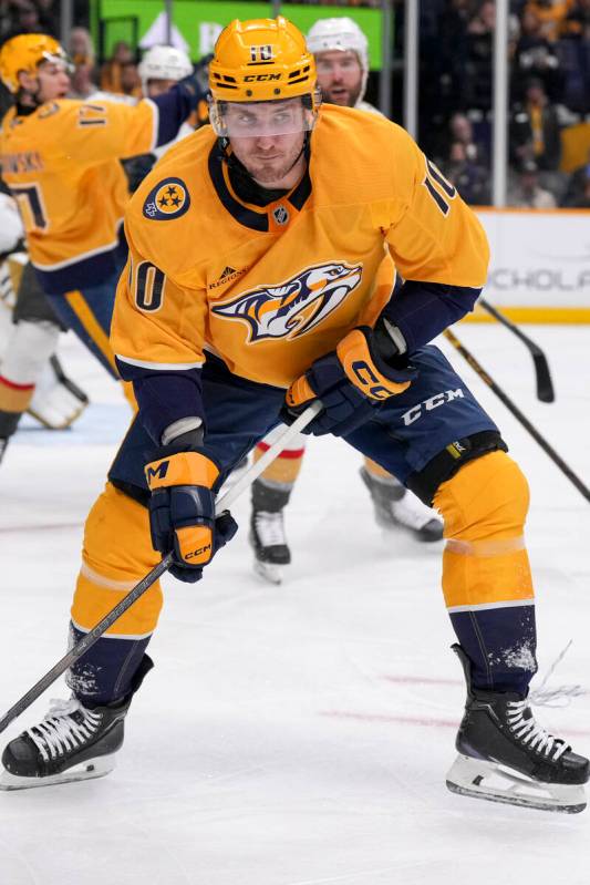 Nashville Predators center Colton Sissons (10) plays during the second period of an NHL hockey ...