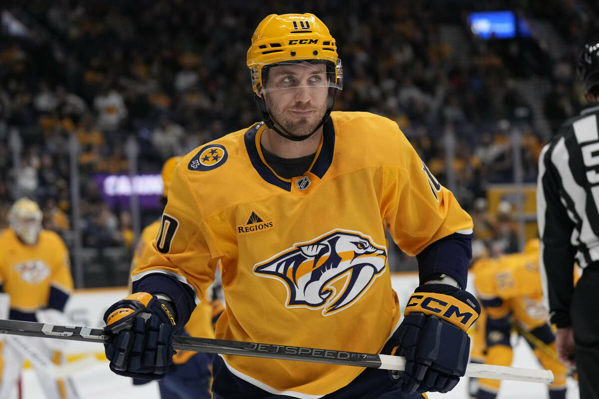 Nashville Predators center Colton Sissons (10) plays during the first period of an NHL hockey g ...