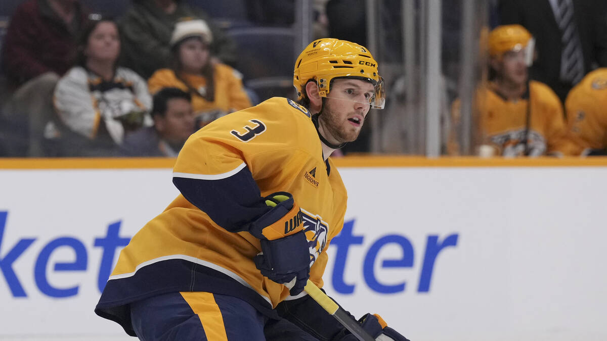 FILE - Nashville Predators defenseman Jeremy Lauzon (3) plays during the first period of an NHL ...
