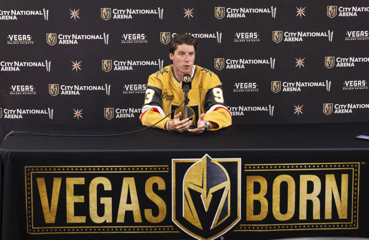 Newly acquired Golden Knights forward Mitch Marner speaks with the media at City National Arena ...