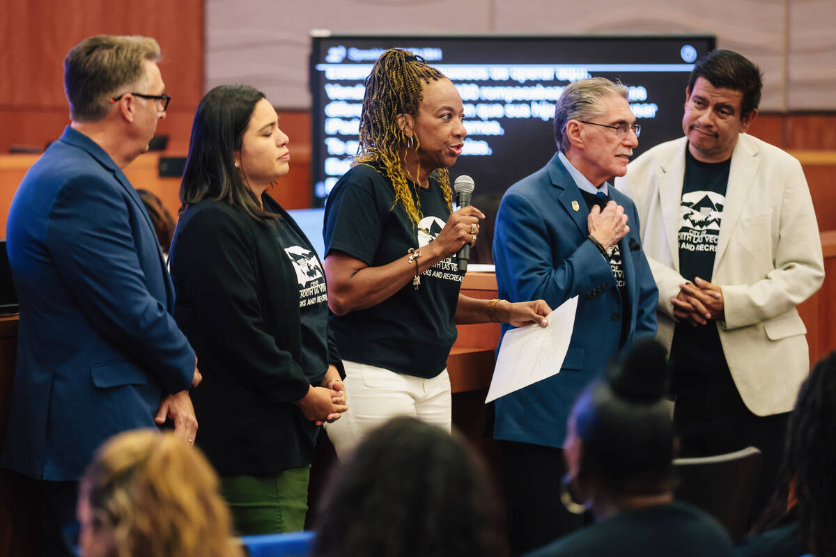 North Las Vegas mayor Pamela Goynes-Brown, center, speaks during a city council meeting at Nort ...