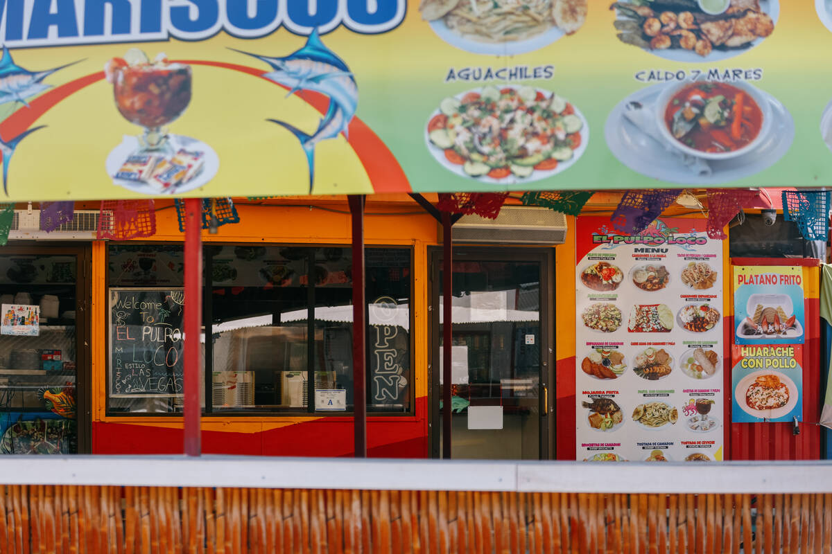 A food stall selling mariscos sits closed and empty at Broadacres Marketplace on Saturday, July ...