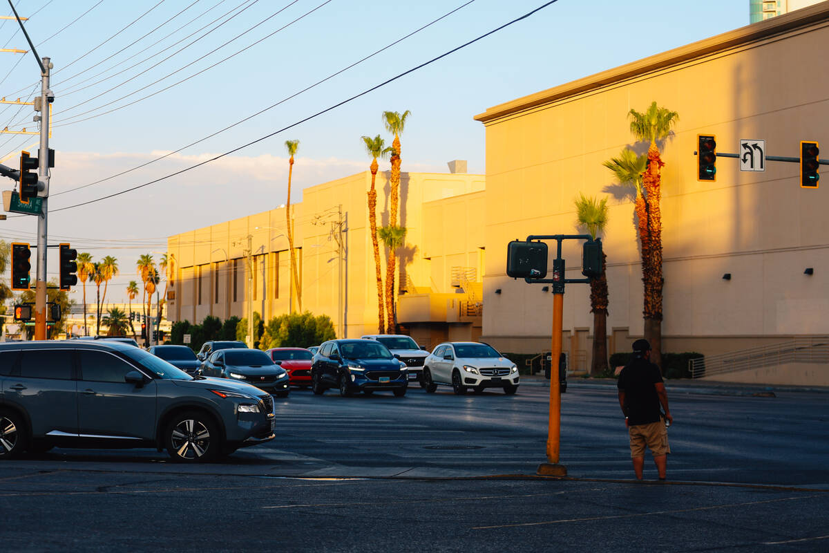 Cars wait at a stop light at the intersection of Sahara and Las Vegas Boulevard Thursday, July ...