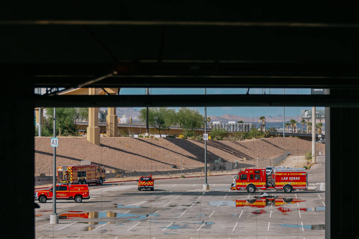 Las Vegas firefighters conduct a swift water rescue along Vegas Creek near Symphony Park on Thu ...