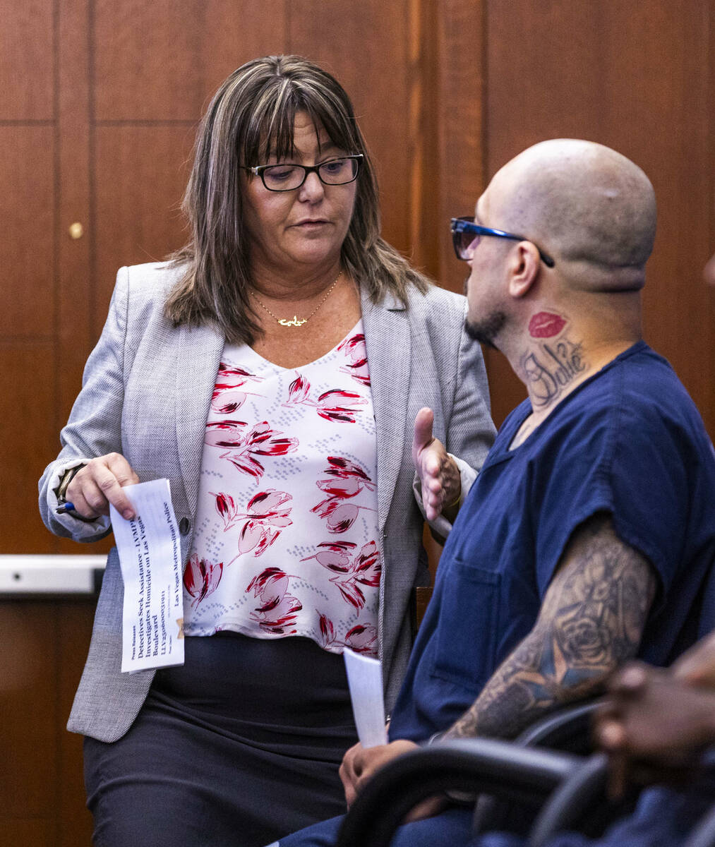 Public Defender Violet Radosta confers with Manuel Ruiz, the suspect in a livestreamed Strip sh ...