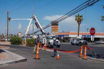 Crews continue working on repairing power lines along Tropicana Ave on Thursday, July 3, 2025 i ...