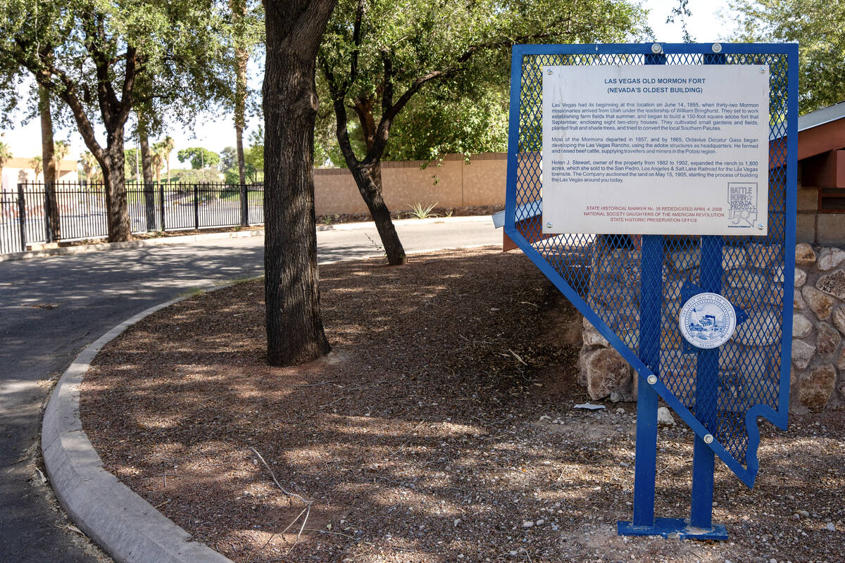 A historical marker stands at the Old Mormon Fort, Nevada’s oldest building, in Las Vegas on ...