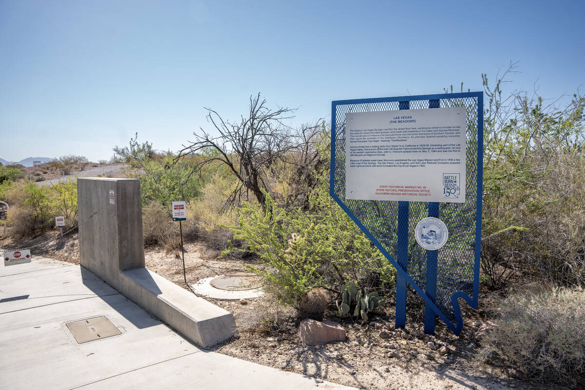A historical marker titled “The Meadows” is displayed at Springs Preserve in Las Vegas on J ...