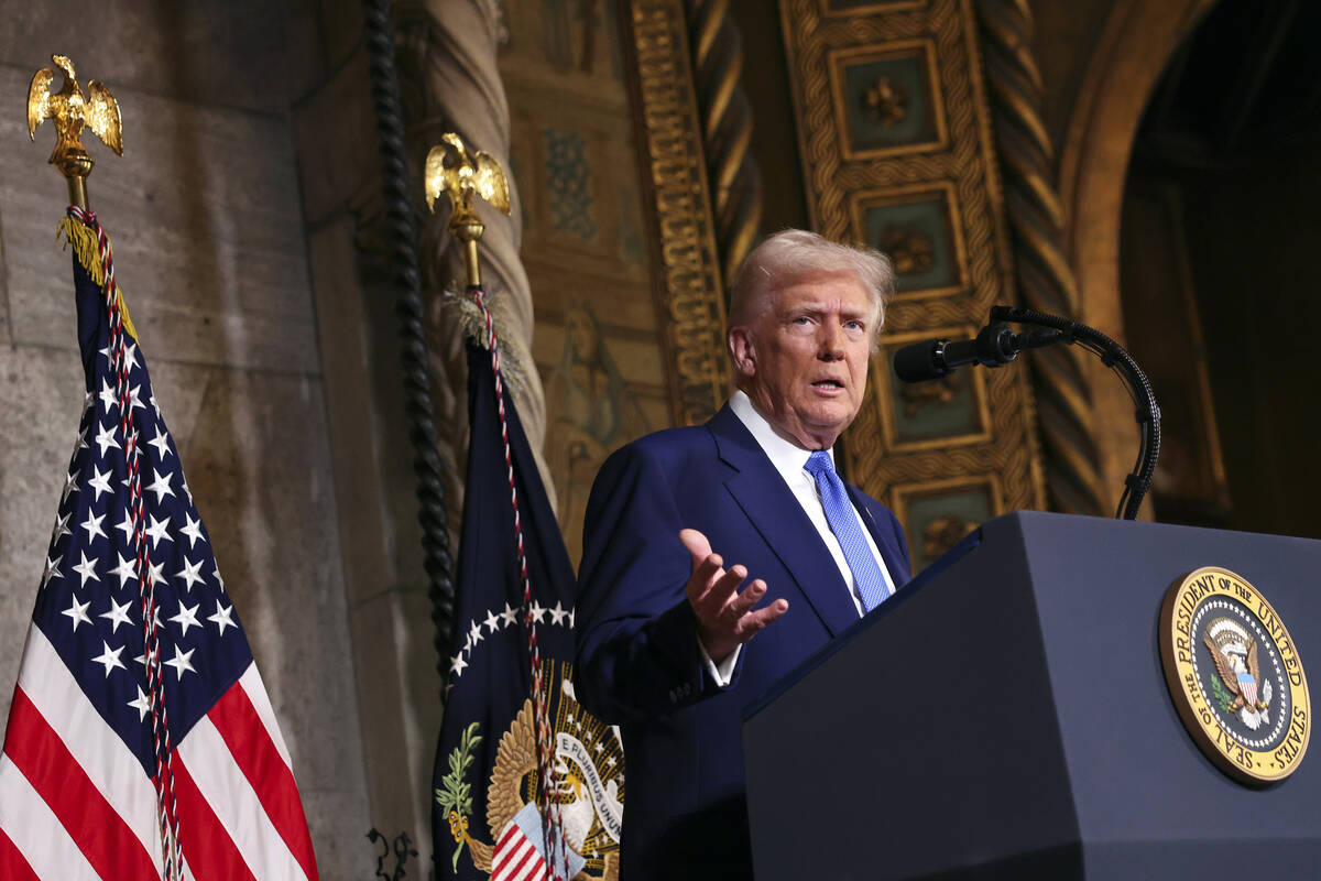 President Donald Trump speaks at Mar-a-Lago in Palm Beach, Fla., Tuesday, Feb. 18, 2025. (Pool ...